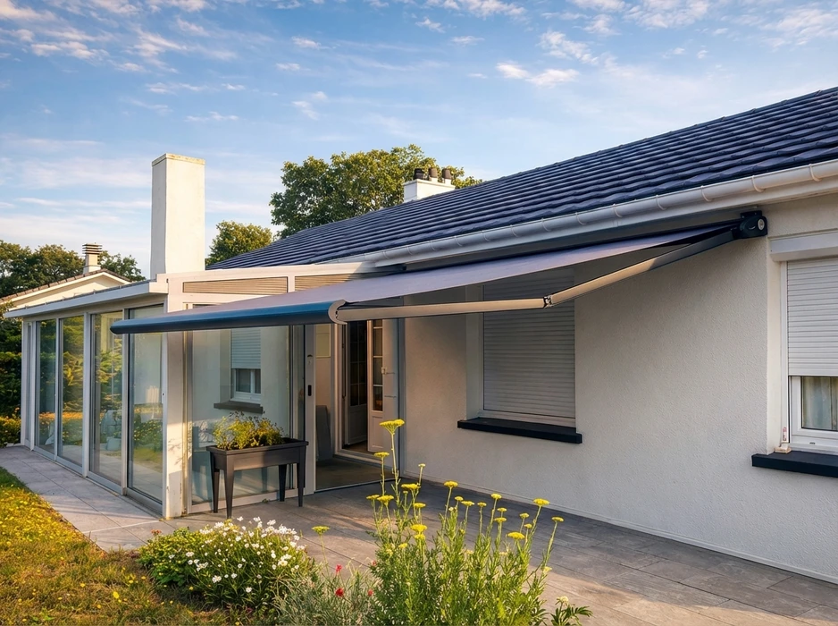 Store banne rétractable gris anthracite déployé sur terrasse carrelée d'une maison individuelle plain-pied