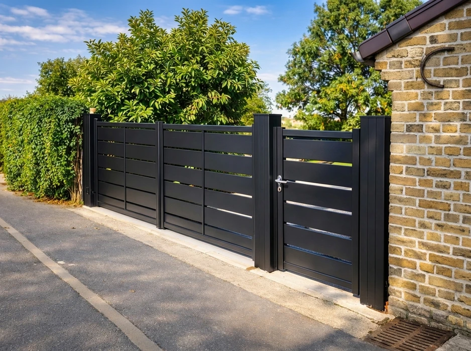 Portail coulissant double vantaux en aluminium anthracite, à lames horizontales avec espacements réguliers, monté sur poteaux carrés