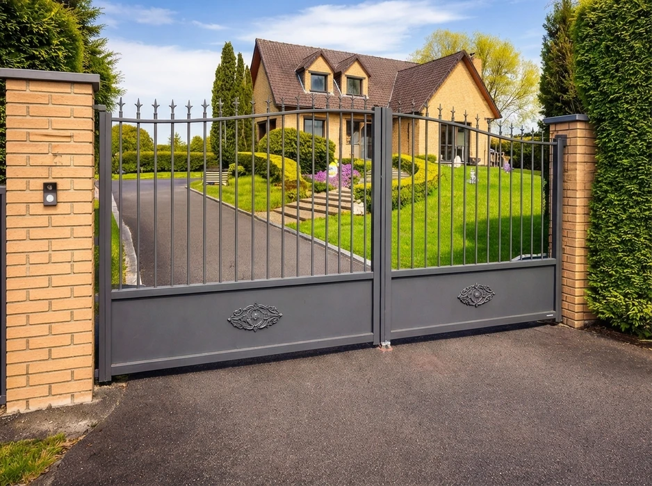Portail double battant en aluminium laqué anthracite, barreaudage vertical avec pointes de lance, arc en plein cintre, lambourde basse pleine avec médaillon décoratif forgé
