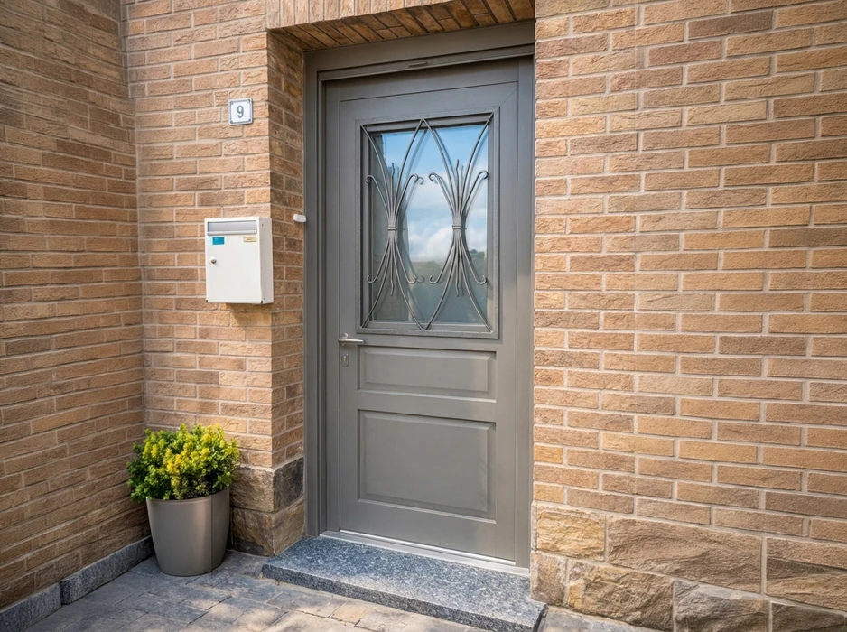 Entrée extérieure résidentielle, porte d'entrée en aluminium gris anthracite avec imposte vitrée ornée d'un décor en ferronnerie forgée de style classique