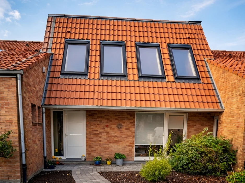 Maison en brique rouge avec extension de toiture mansardée