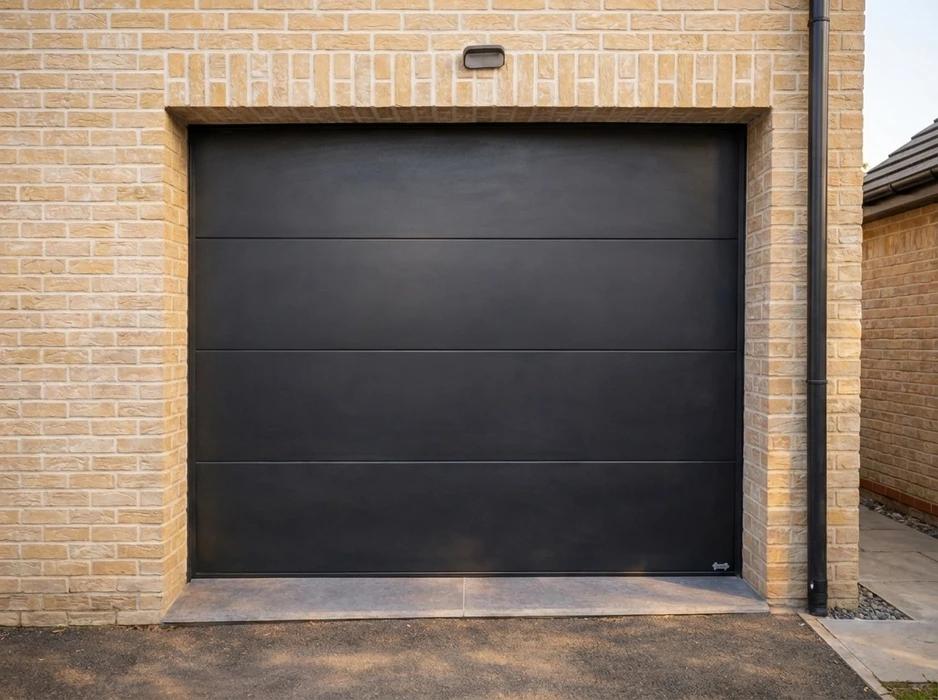 Porte de garage sectionnelle, finition lisse anthracite mat, montée en applique dans une façade en brique calcaire beige