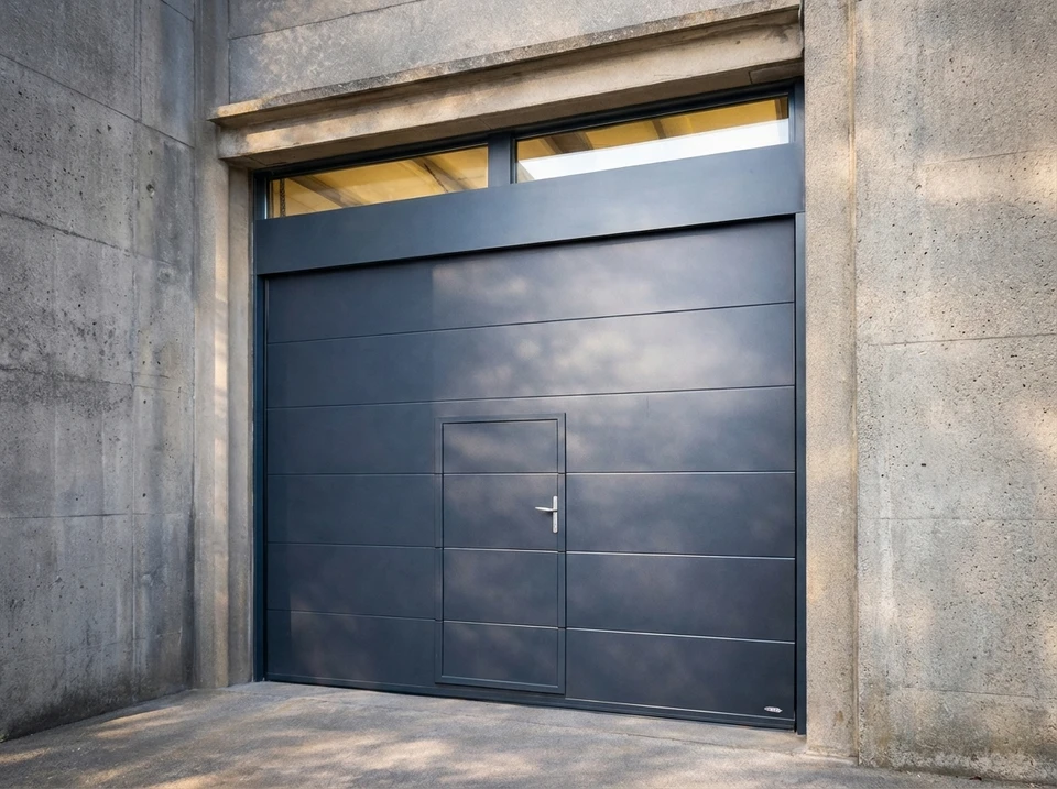 Scène extérieure montrant une porte de garage sectionnelle blanche en cours d'ouverture