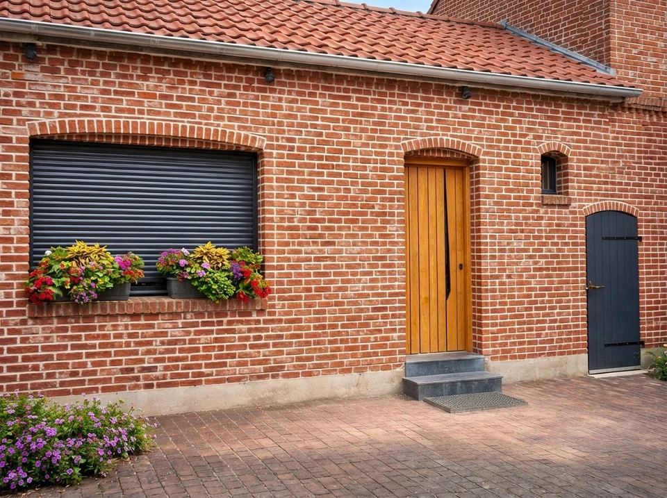 Portes en bois fermées avec volets à lamelles horizontales, équipées de poignées ornementales en métal patiné et d'un système de verrouillage central décoratif