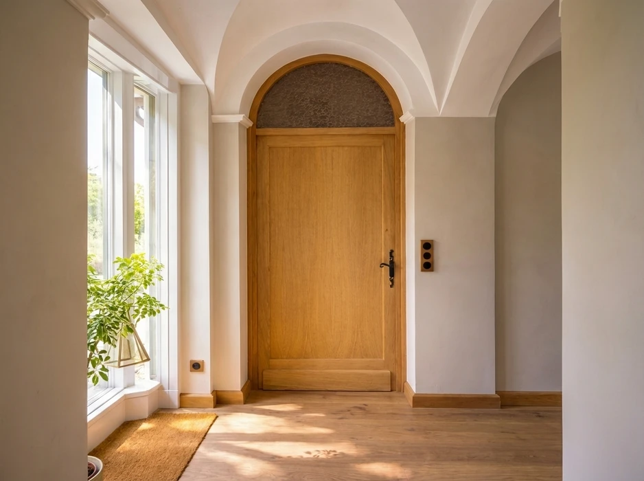 Escalier intérieur vu en plongée, structure bois clair (frêne ou pin), rampe à barreaux horizontaux en acier inoxydable brossé, limon central métallique